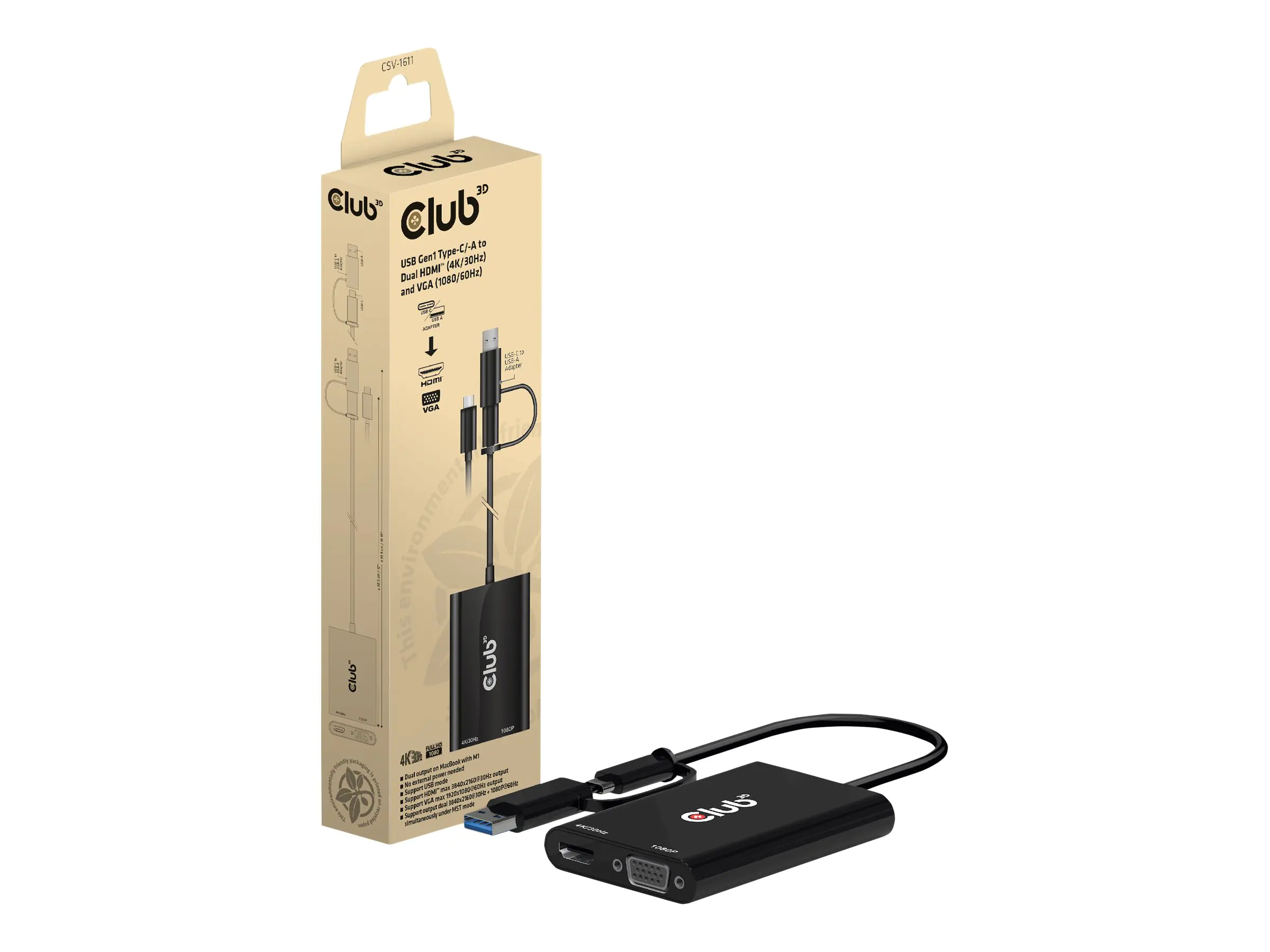 Club 3D - Videoadapter - USB Typ A, 24 pin USB-C (M) zu HD-15 (VGA), HDMI (W) - Zweibildschirmbetrieb, 4K30Hz (3840 x 2160) Support (HDMI), 1080p-Unterstützung, 60 Hz (VGA)