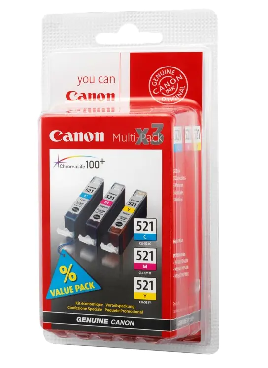 Canon CLI-521 C/M/Y Multi pack - 3er-Pack - Gelb, Cyan, Magenta - Original - Tintenbehälter - für PIXMA iP3600, iP4700, MP540, MP550, MP560, MP620, MP630, MP640, MP980, MP990, MX860, MX870