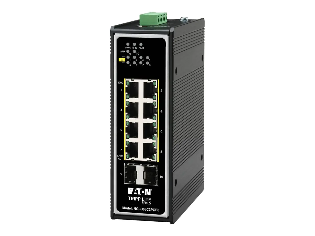 Tripp Eaton Tripp Lite series Unmanaged Industrial Gigabit Ethernet Switch 8-Port - 10/100/1000 Mbps, PoE+ 30W, 2 GbE SFP Slots, DIN Mount - Switch - unmanaged - 8 x 10/100/1000 + 2 x 1000Base-X SFP (Uplink) NGI-U08C2POE8
