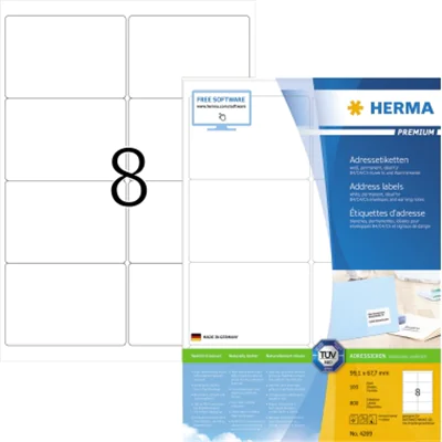 HERMA Etikett PREMIUM 4269 99,1x67,7mm weiß 800 Etik./Pack. HERMA Etikett PREMIUM 4269 99,1x67,7mm weiß 800 Etik./Pack.