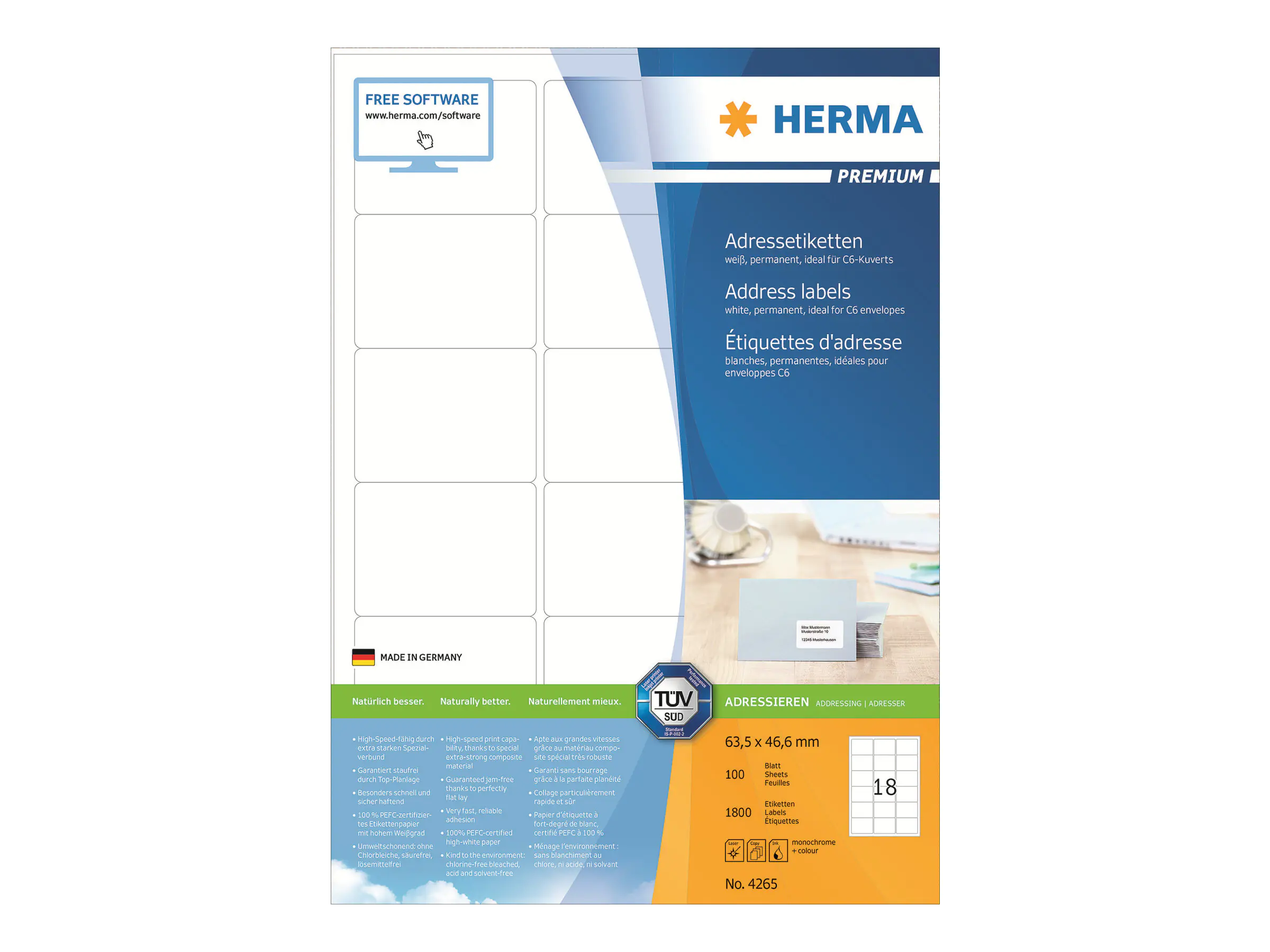HERMA Etikett PREMIUM 4265 63,5x46,6mm weiß 1.800 St./Pack