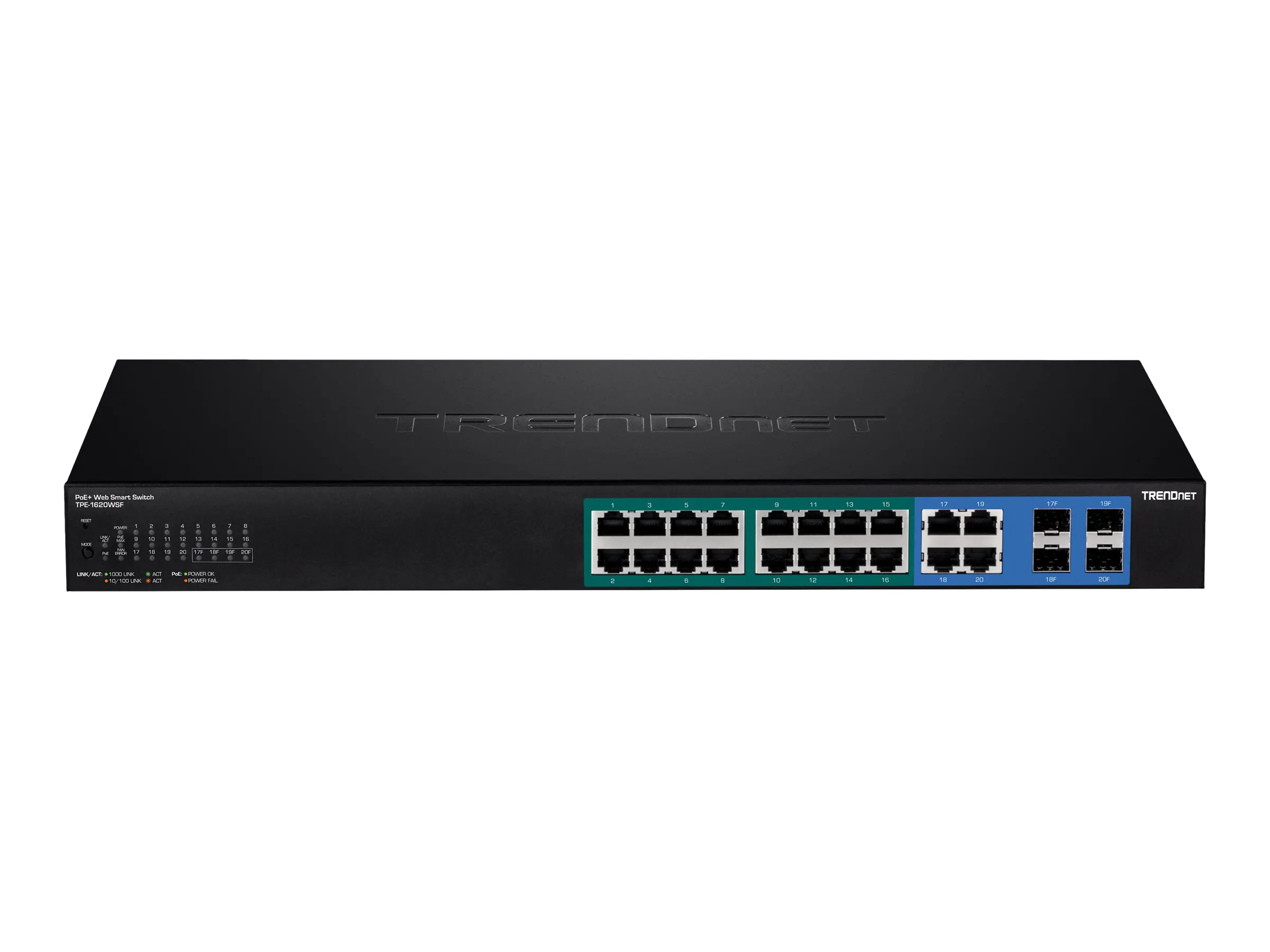 TRENDnet TPE 1620WSF - Switch - L2+ - Smart - 16 x 10/100/1000 (PoE+) + 4 x Shared Gigabit SFP - an Rack montierbar - PoE+ (370 W) - TAA-konform