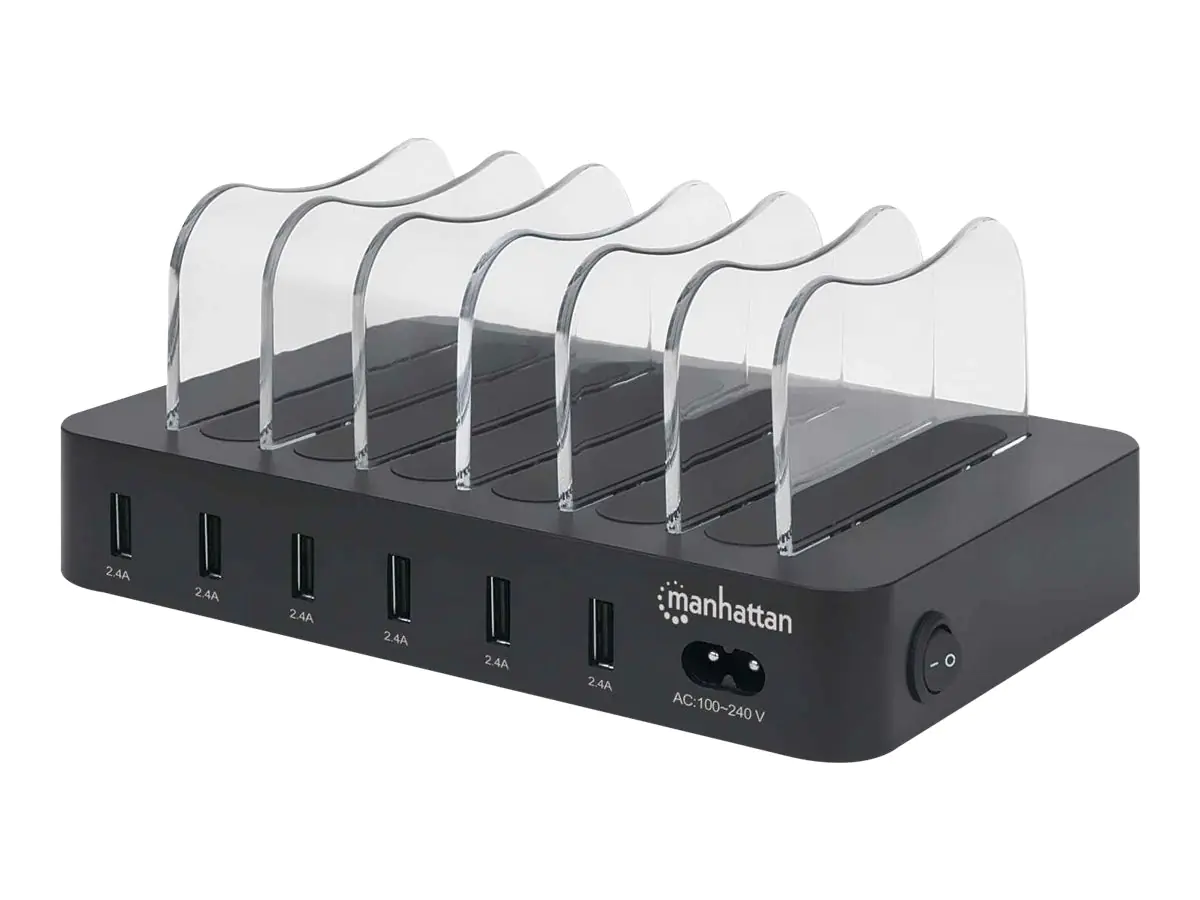 Manhattan Charging Station, 6x USB-A Ports, Outputs: 6x 2.4A, Smart IC, LED Indicator Lights, Black, Three Year Warranty, Box - Ladestation - 50 Watt - 2.4 A - 6 Ausgabeanschlussstellen (USB) 102254