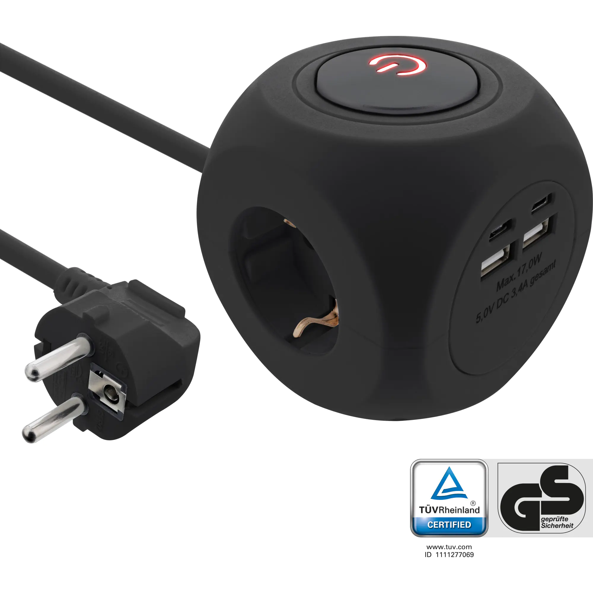 InLine Charging Cube - 3x Schutzkontakt - 2x USB-C - 2x USB-A - schwarz - 2m 16499B