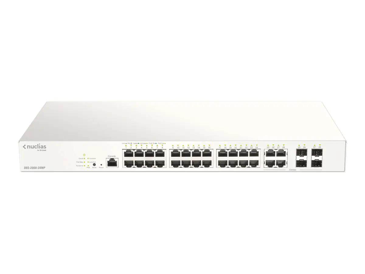 D-Link Nuclias Cloud-Managed DBS-2000-28MP - Switch - Smart - 24 x 10/100/1000 (PoE+) + 4 x Kombi-Gigabit-SFP - an Rack montierbar - PoE+ (370 W) - mit 1 Jahr Nuclias Cloud Management