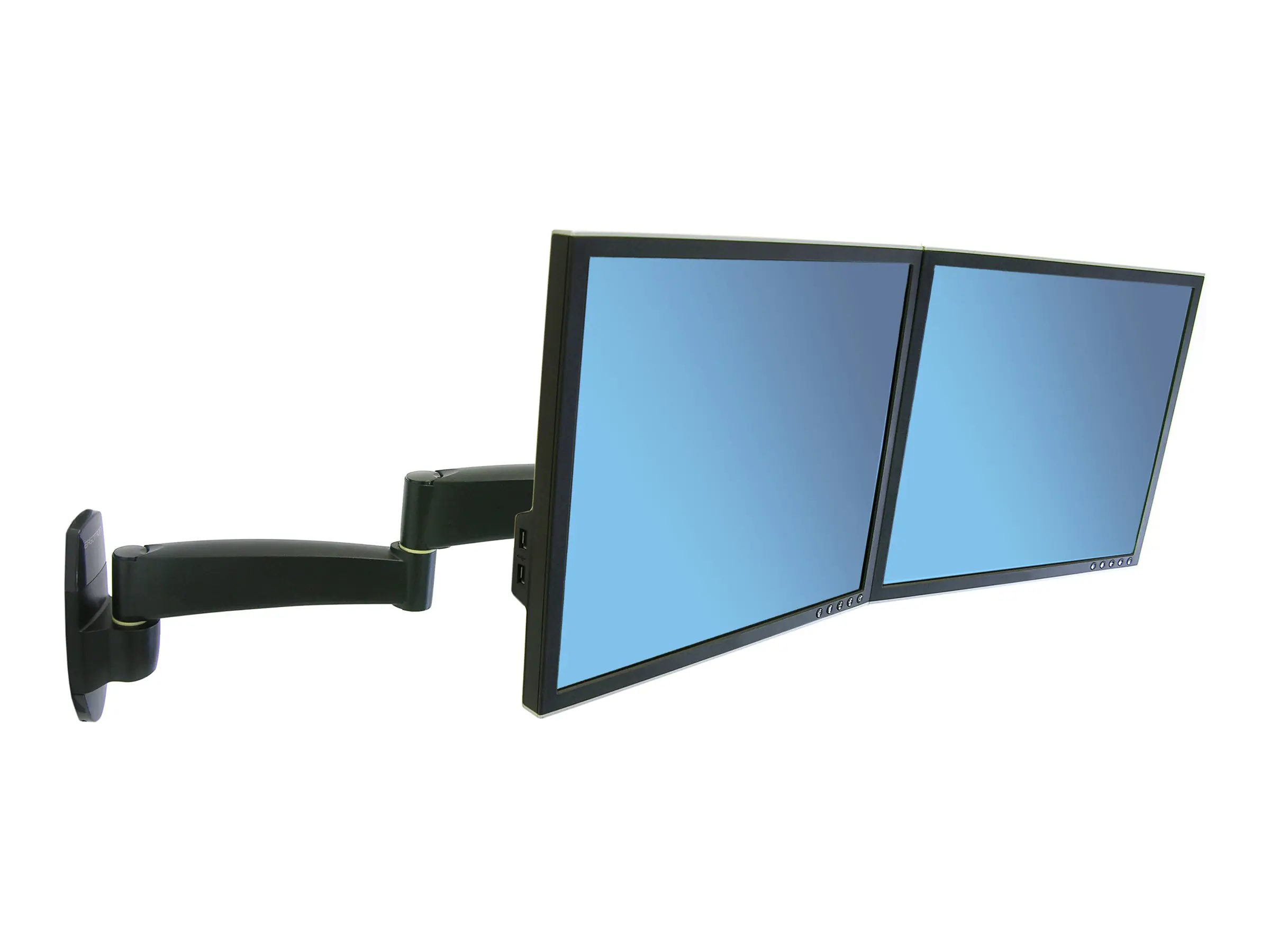 Ergotron 200 Series - Befestigungskit (Wandbefestigung, Doppelgelenkarm, Querstange, 2 Aufsätze, 2 VESA-Adapter) - einstellbarer Arm - für 2 LCD-Displays - Stahl - Schwarz - Bildschirmgröße: bis zu 55,9 cm (bis zu 22 Zoll) - Wandmontage