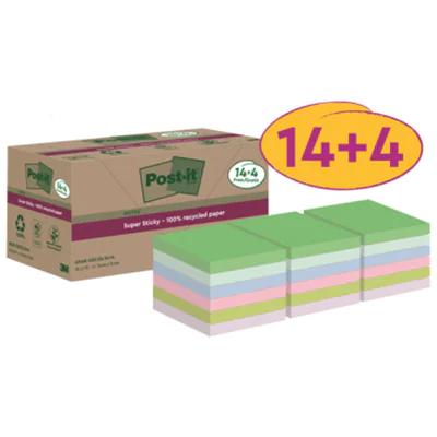 Post-it Haftnotiz Super Sticky Recycling Notes 76 x 76 mm (B x H) mehrfarbig 70 Bl./Block 18 Block/Pack. Post-it Haftnotiz Super Sticky Recycling Notes 76 x 76 mm (B x H) mehrfarbig 70 Bl./Block 18 Block/Pack.