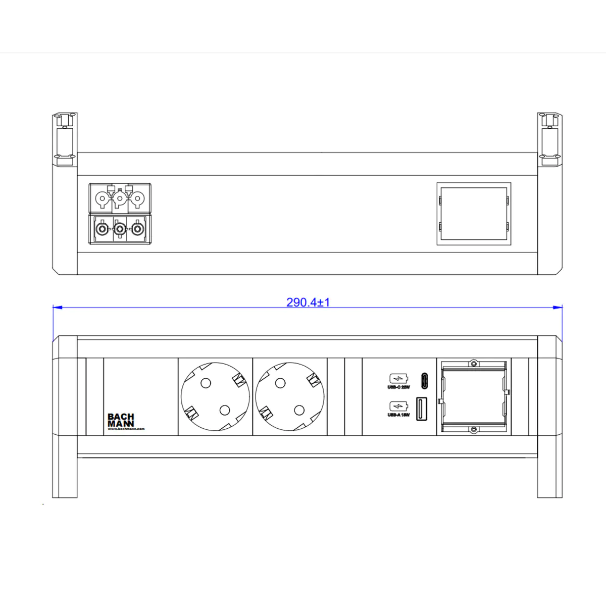 Bachmann DESK 2xCEE7/3 1xUSB902.0293A/C 22W 1xCM GST18 RAL9010
