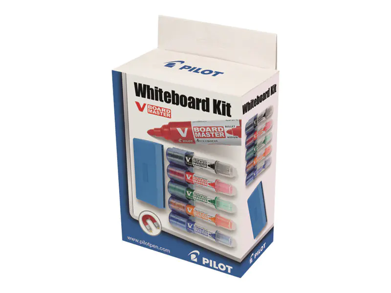 PILOT Starterset Whiteboard V-Board Master Kit 5 Boardmarker (rot, blau, grün, schwarz, orange), 1 magnetischer Penholder, 1 Tafelwischer