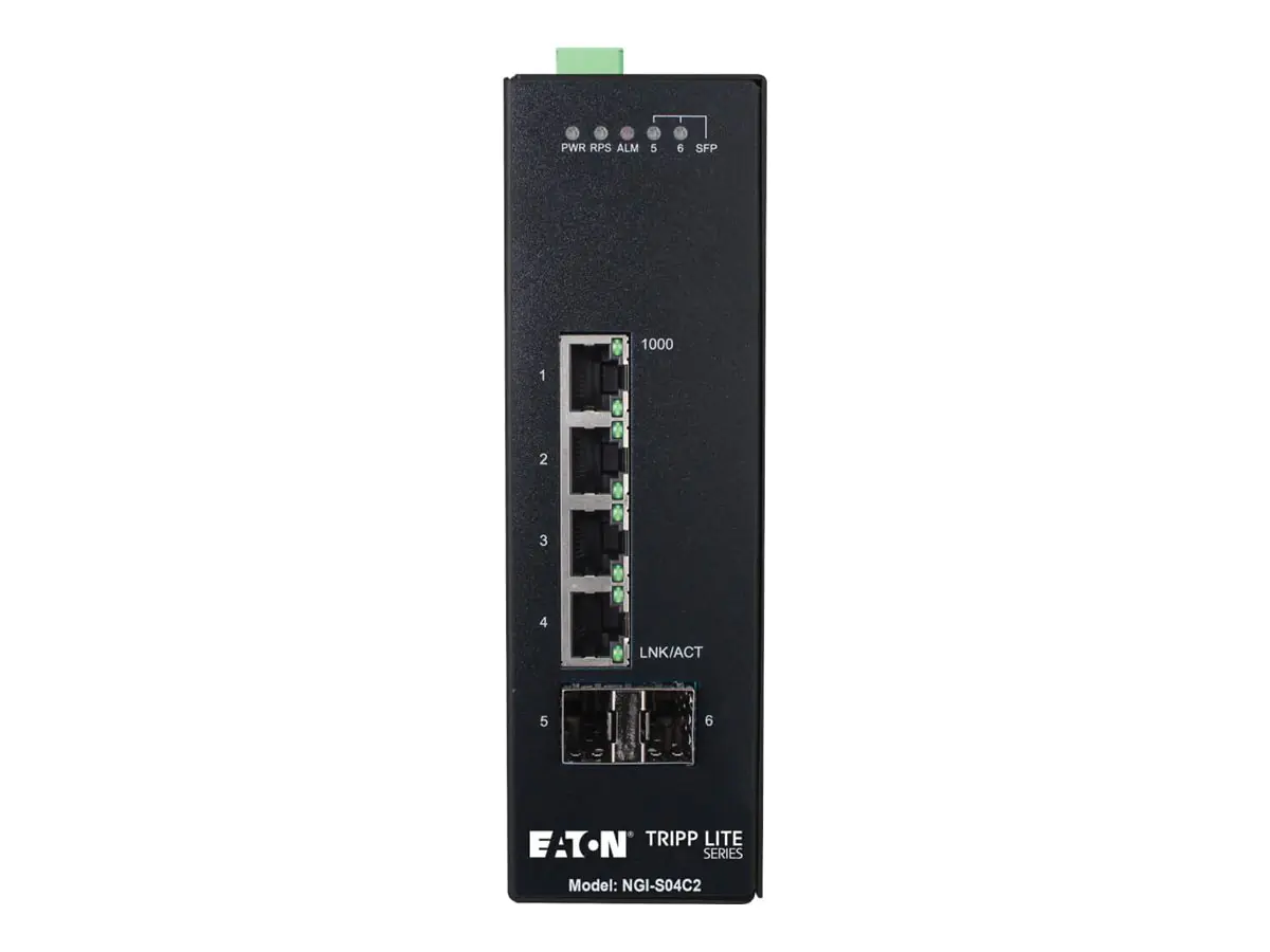 Tripp Eaton Tripp Lite series 4-Port Lite Managed Industrial Gigabit Ethernet Switch - 10/100/1000 Mbps, 2 GbE SFP Slots, -10° to 60°C, DIN Mount - Switch - managed - 4 x 10/100/1000 + 2 x Gigabit SFP (Uplink) NGI-S04C2