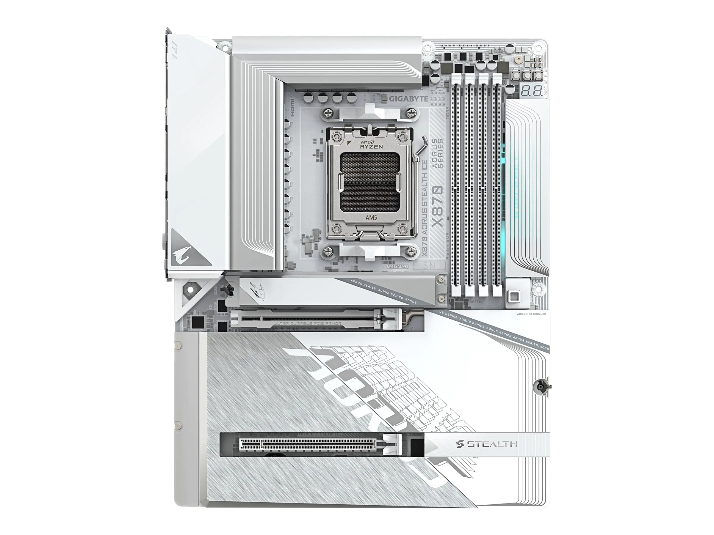 AORUS X870 STEALTH ICE - Motherboard - ATX - Socket AM5 - AMD X870 Chipsatz - USB-C 3.2 Gen 2x2, USB 3.2 Gen 2, USB 3.2 Gen 1 - Wi-Fi 7, Bluetooth, 5 Gigabit Ethernet - Onboard-Grafik (CPU erforderlich) - HD Audio (8-Kanal)