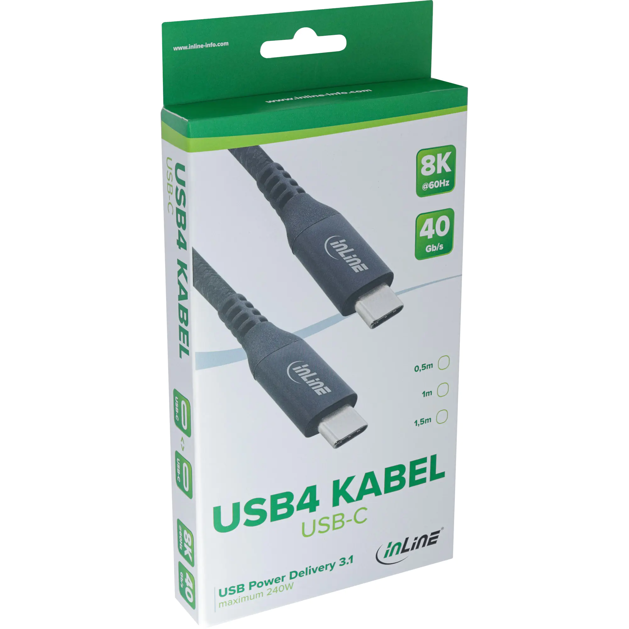 InLine - USB-Kabel - 24 pin USB-C (M) zu 24 pin USB-C (M) - USB4 - 48 V - 5 A - 1.5 m - unterstützt Power Delivery 3,1, bis zu 40 Gbps Datentransferrate - Schwarz