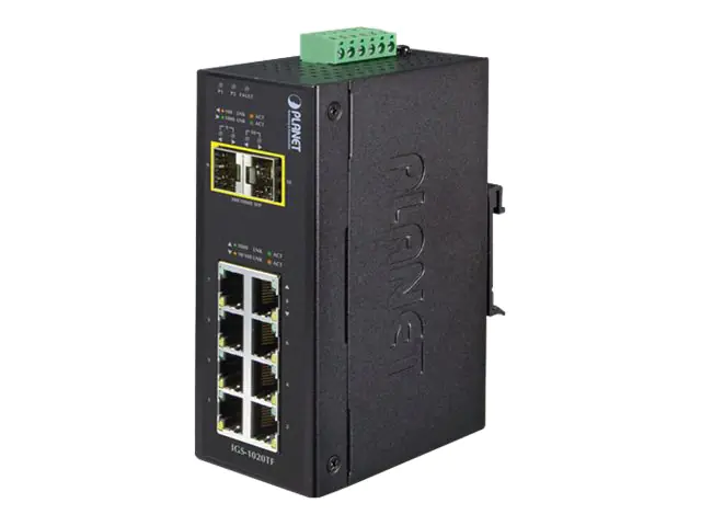 PLANET IGS-1020TF - Switch - unmanaged - 8 x 10/100/1000 + 2 x Gigabit SFP - an DIN-Schiene montierbar - AC 24 V / DC 12 - 48 V