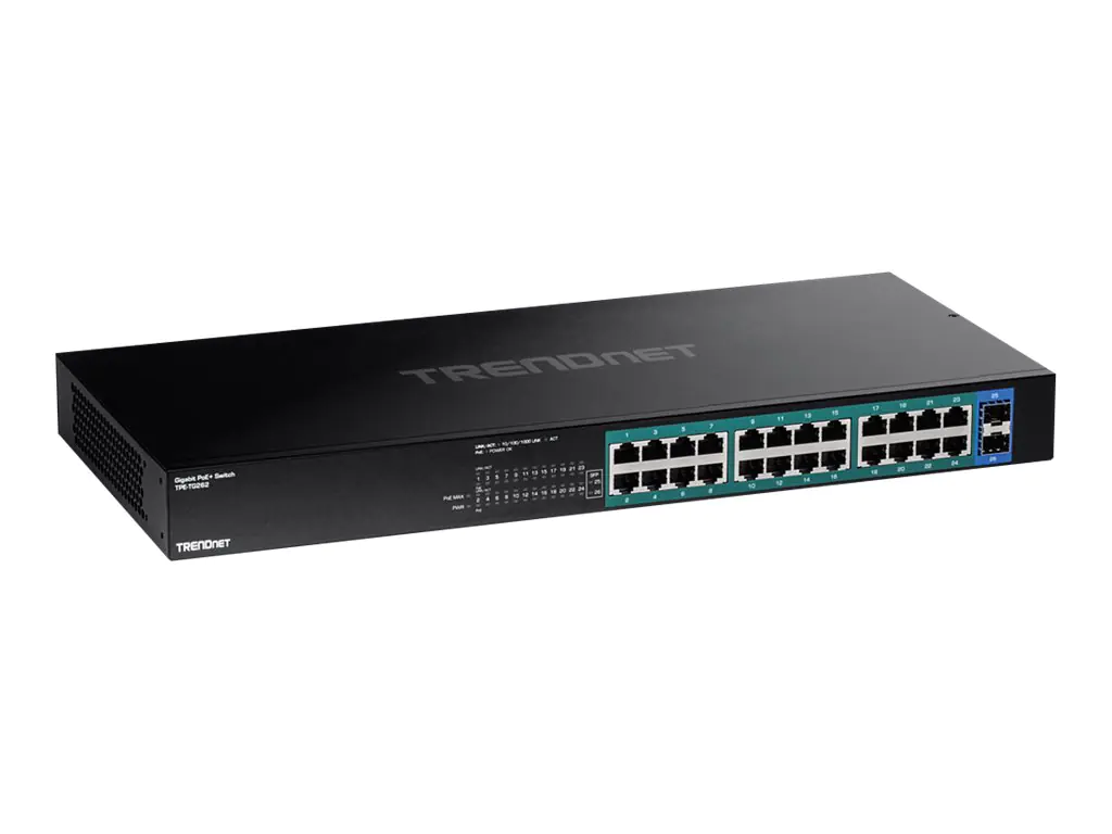 TRENDnet TPE TG262 - Switch - 24 x 10/100/1000 (PoE+) + 2 x SFP - an Rack montierbar - PoE+ (380 W) - TAA-konform