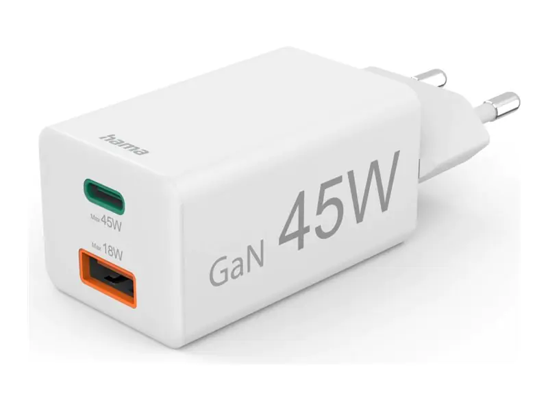 Hama Netzteil - 45 Watt - 3 A - PD, QC 2.0, QC 3.0 - 2 Ausgabeanschlussstellen (USB Typ A, USB-C) 00201993