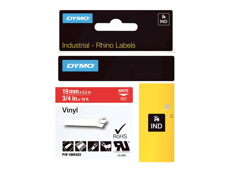 Dymo Rhino Coloured Vinyl - Vinyl - permanenter Klebstoff - Weiß auf Rot - Roll (1.9 cm x 5.5 m) 1805422