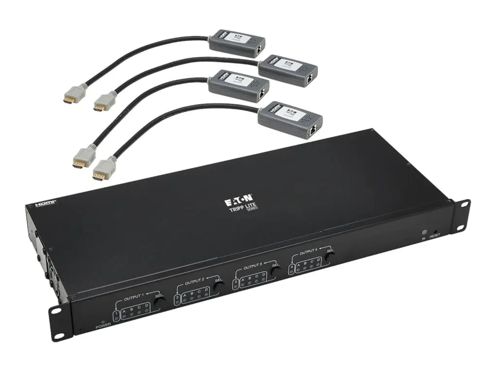 Tripp Eaton Tripp Lite series 4x4 HDMI over Cat6 Matrix Switch Kit, Switch/4x Pigtail Receivers - 4K 60 Hz, HDR, 4:4:4, PoC, 230 ft. (70.1 m) B127A-4X4-BH4PH
