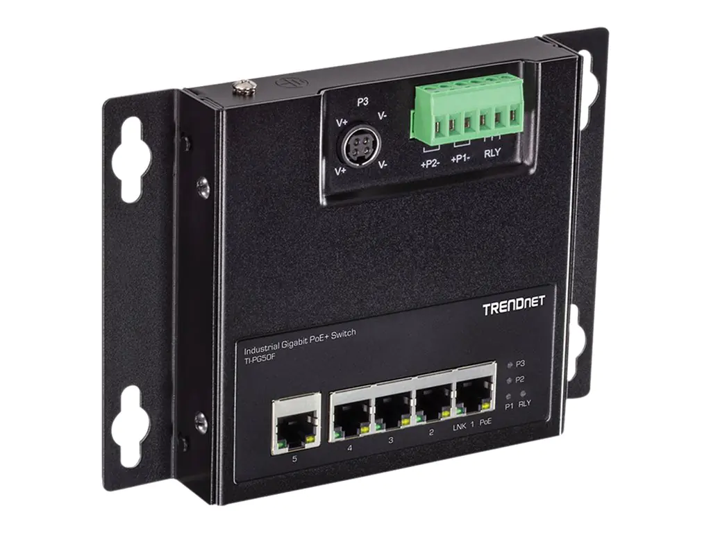 TRENDnet TI-PG50F - Industrial - Switch - unmanaged - 5 x 10/100/1000 (PoE+) - an DIN-Schiene montierbar, wandmontierbar - PoE+ (120 W) - TAA-konform