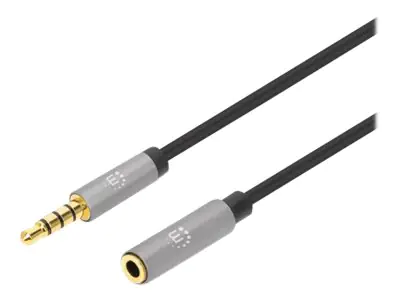 Manhattan Stereo Audio 3.5mm Extension Cable, 1m, Male/Female, Slim Design, Black/Silver, Premium with 24 karat gold plated contacts and pure oxygen-free copper (OFC) wire, Lifetime Warranty, Polybag - Audioverlängerungskabel - Mini-Phone Stereo 3,5 mm 4-