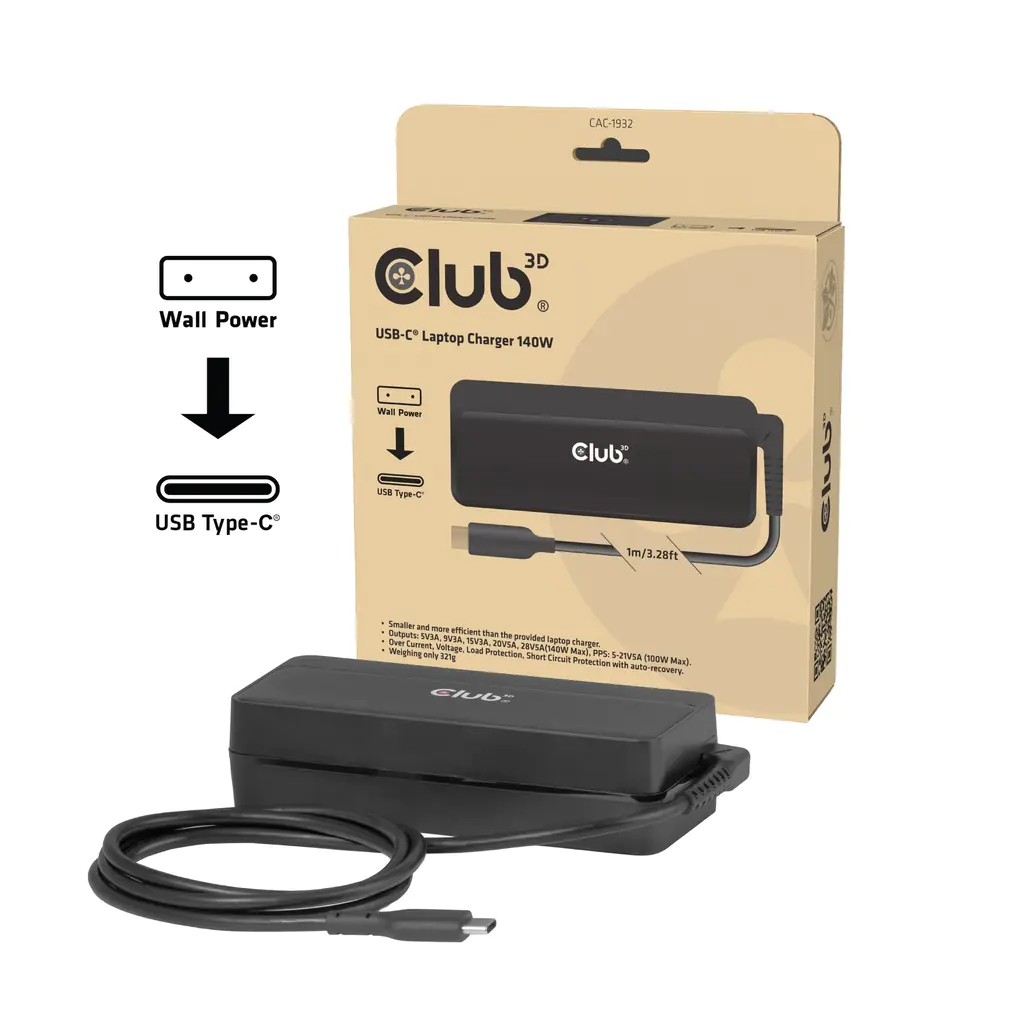 Club 3D USB-C® Laptop-GaN-Ladegerät PD 3.1 PPS 140 W 1 m CAC-1932