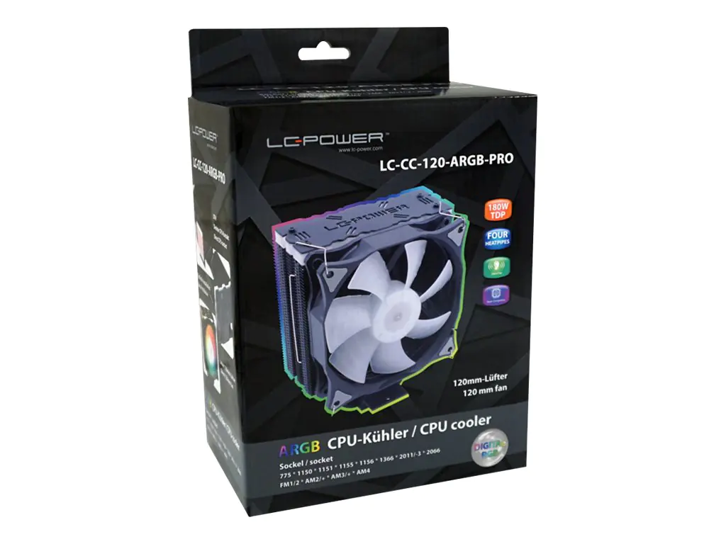 LC Power LC-CC-120-ARGB-PRO - Prozessor-Luftkühler - (für: LGA775, LGA1156, AM2, AM2+, LGA1366, AM3, LGA1155, AM3+, LGA2011, FM1, FM2, LGA1150, LGA2011-3, LGA1151, AM4, LGA2066) - Aluminium und Kupfer - 120 mm - Schwarz