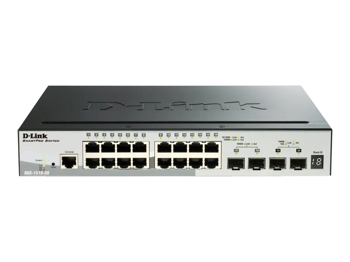 D-Link DGS 1510-20 - Switch - L3 - Smart - 16 x 10/100/1000 + 2 x Gigabit SFP + 2 x 10 Gigabit SFP+ - Desktop, an Rack montierbar