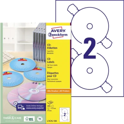 Avery Zweckform CD/DVD-Etikett L7676-100 117mm weiß 200 St./Pack. Avery Zweckform CD/DVD-Etikett L7676-100 117mm weiß 200 St./Pack.