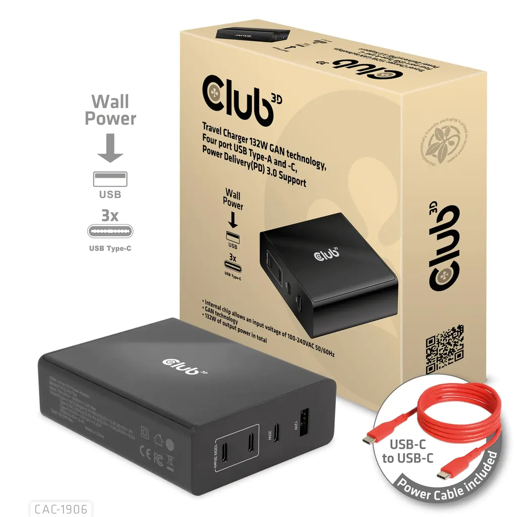 Club 3D Ladegerät 132 W GAN-Technologie, Power Delivery (PD) 3.0-Unterstützung CAC-1906