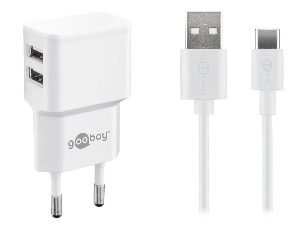 goobay USB-C charger set - Netzteil - 12 Watt - 2.4 A - 2 Ausgabeanschlussstellen (USB) - auf Kabel: USB-C - weiß