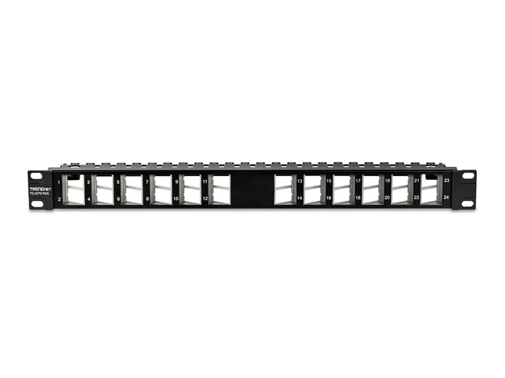 TRENDnet TC-KP24SA - Patch Panel - abgewinkeltes geschirmtes Keystone-Patchpanel - Rack montierbar - CAT 6a - Schwarz - 1U - 48.3 cm (19")