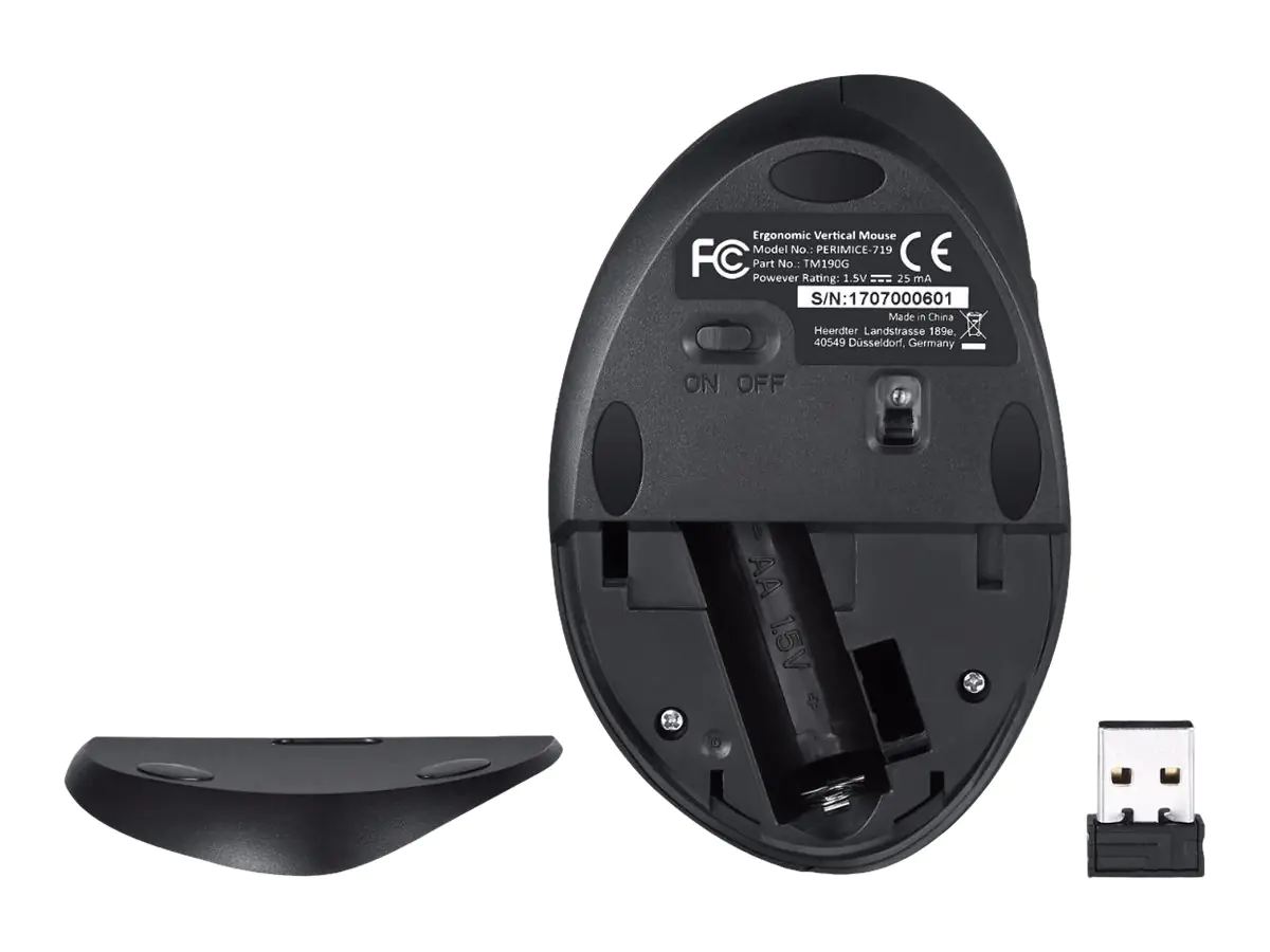 Perixx PERIMICE-719 - Größe S - Maus - ergonomisch - Für Rechtshänder - optisch - 6 Tasten - kabellos - 2.4 GHz - kabelloser Empfänger (USB) - Schwarz