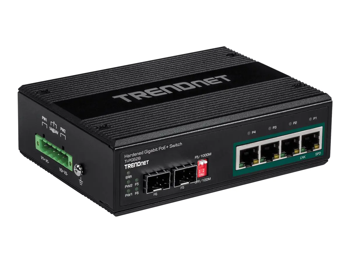 TRENDnet TI-PG62B - Switch - unmanaged - 4 x 10/100/1000 (PoE+) + 2 x Gigabit SFP - an DIN-Schiene montierbar, wandmontierbar - PoE+ (120 W) - Gleichstrom