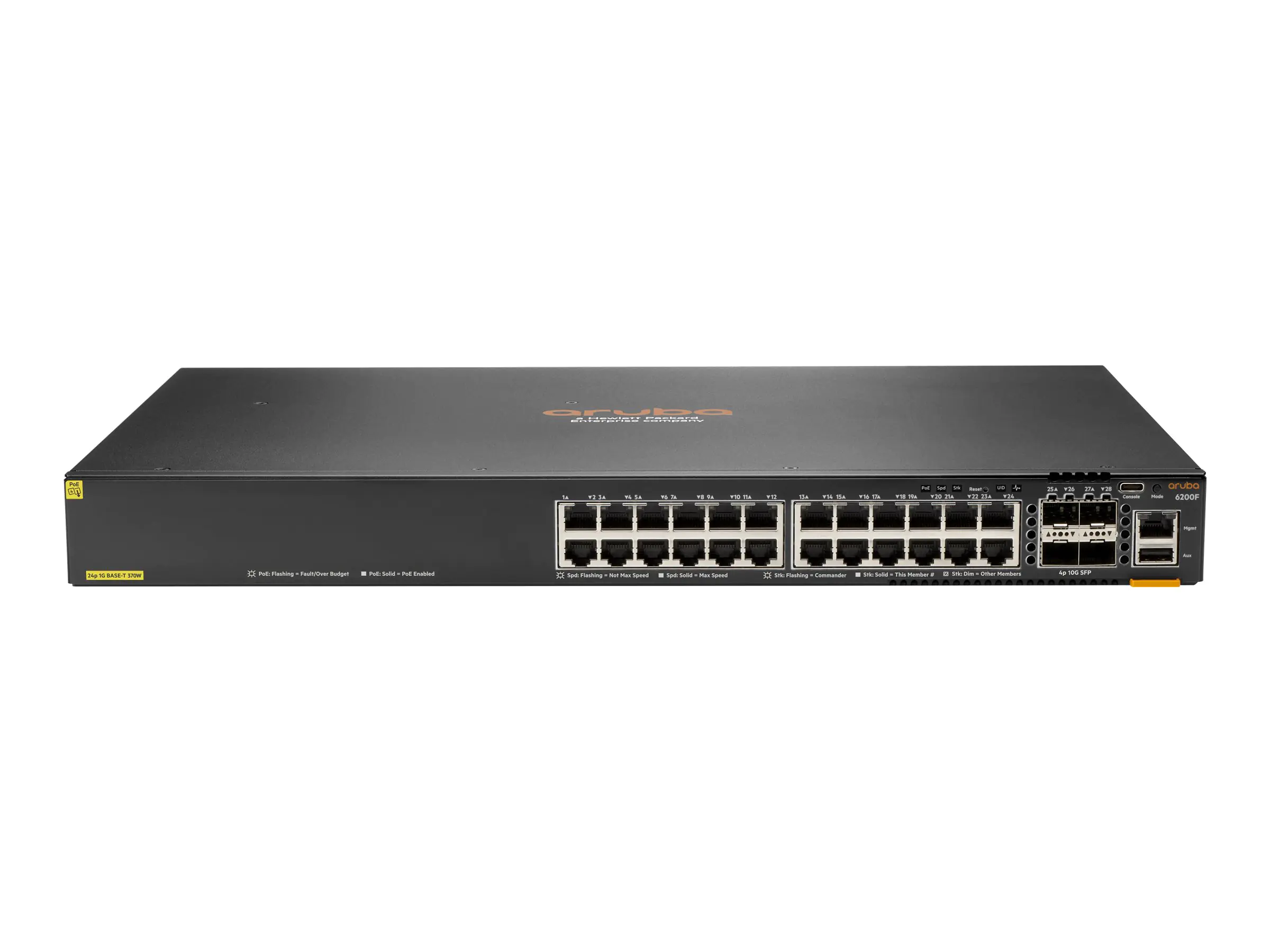 HPE Aruba Networking CX 6200F 24G Class 4 PoE 4SFP 370W Switch - Switch - max. Stapelentfernung 10 km - L3 - managed - 24 x 10/100/1000 (PoE+) + 4 x 100/1000 SFP - Front und Seite zu Hinterseite - an Rack montierbar - PoE+ (370 W) - für CX 6200F 24G Class