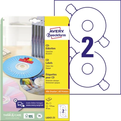 Avery Zweckform CD/DVD-Etikett L6043-25 117mm weiß 50 St./Pack. Avery Zweckform CD/DVD-Etikett L6043-25 117mm weiß 50 St./Pack.