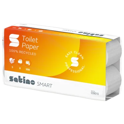 Satino Toilettenpapier SMART 3-lagig Papier, 100 % recycelt hochweiß 250 Bl./Rl. 8 Rl./Pack. Satino Toilettenpapier SMART 3-lagig Papier, 100 % recycelt hochweiß 250 Bl./Rl. 8 Rl./Pack.