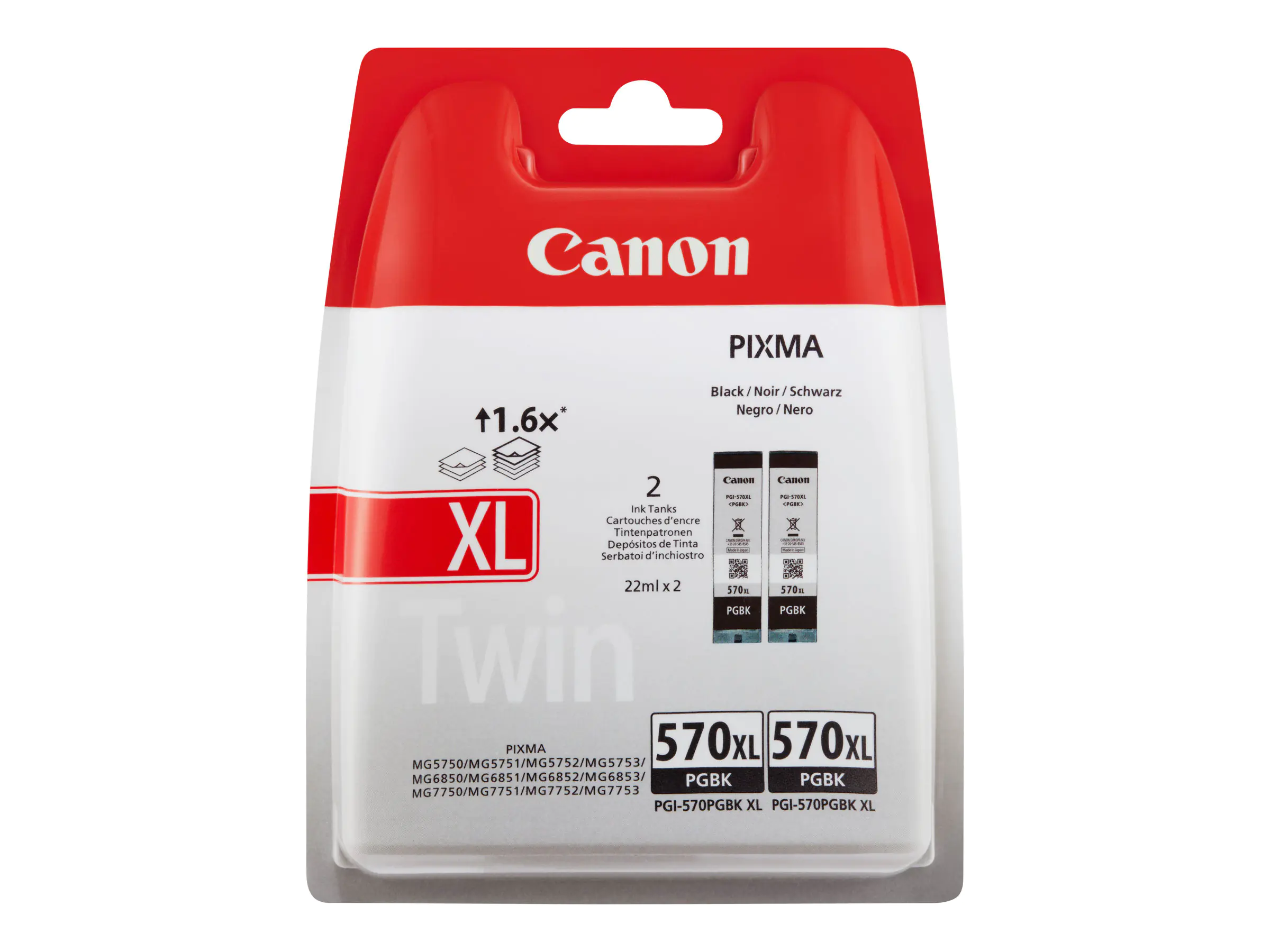 Canon PGI-570PGBK XL Twin Pack - 2er-Pack - 22 ml - Hohe Ergiebigkeit - Schwarz - Original - Blister mit Diebstahlsicherung - Tintenbehälter - für PIXMA TS5051, TS5053, TS5055, TS6050, TS6051, TS6052, TS8051, TS8052, TS9050, TS9055
