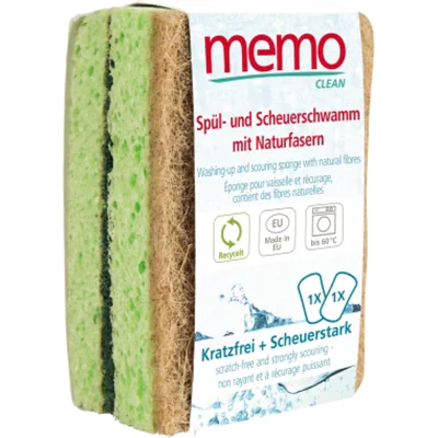 memo Reinigungsschwamm 6,5 x 1,8 x 9,8 cm (B x H x T) Zellulose/Agave/Recycling-PET Fasern/Mineralkörner hellgrün/beige 2 St./Pack. memo Reinigungsschwamm 6,5 x 1,8 x 9,8 cm (B x H x T) Zellulose/Agave/Recycling-PET Fasern/Mineralkörner hellgrün/beige 2 St./Pack.