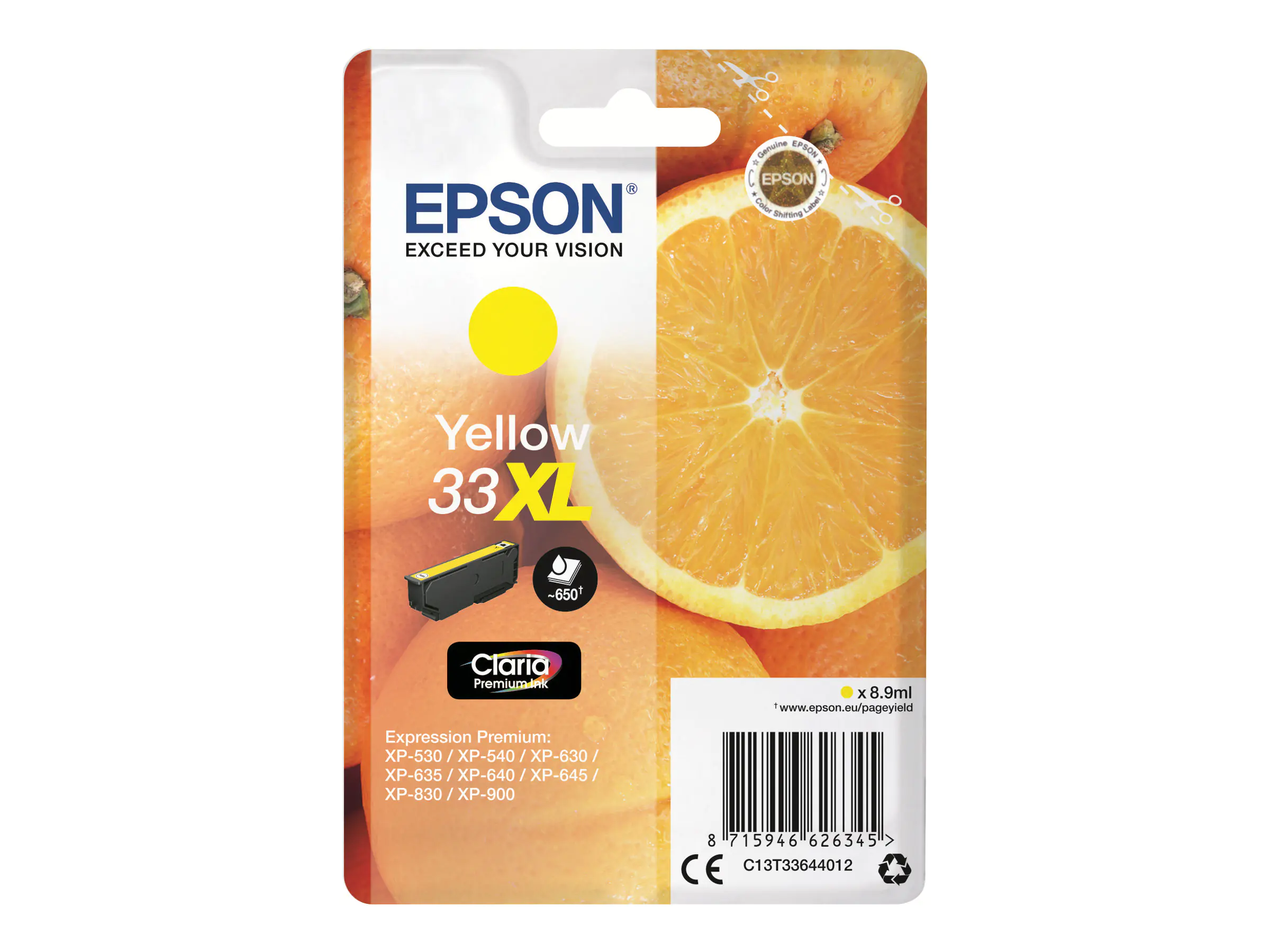 Epson 33XL - 8.9 ml - XL - Gelb - Original - Blisterverpackung - Tintenpatrone - für Expression Home XP-635, 830; Expression Premium XP-530, 540, 630, 635, 640, 645, 830, 900
