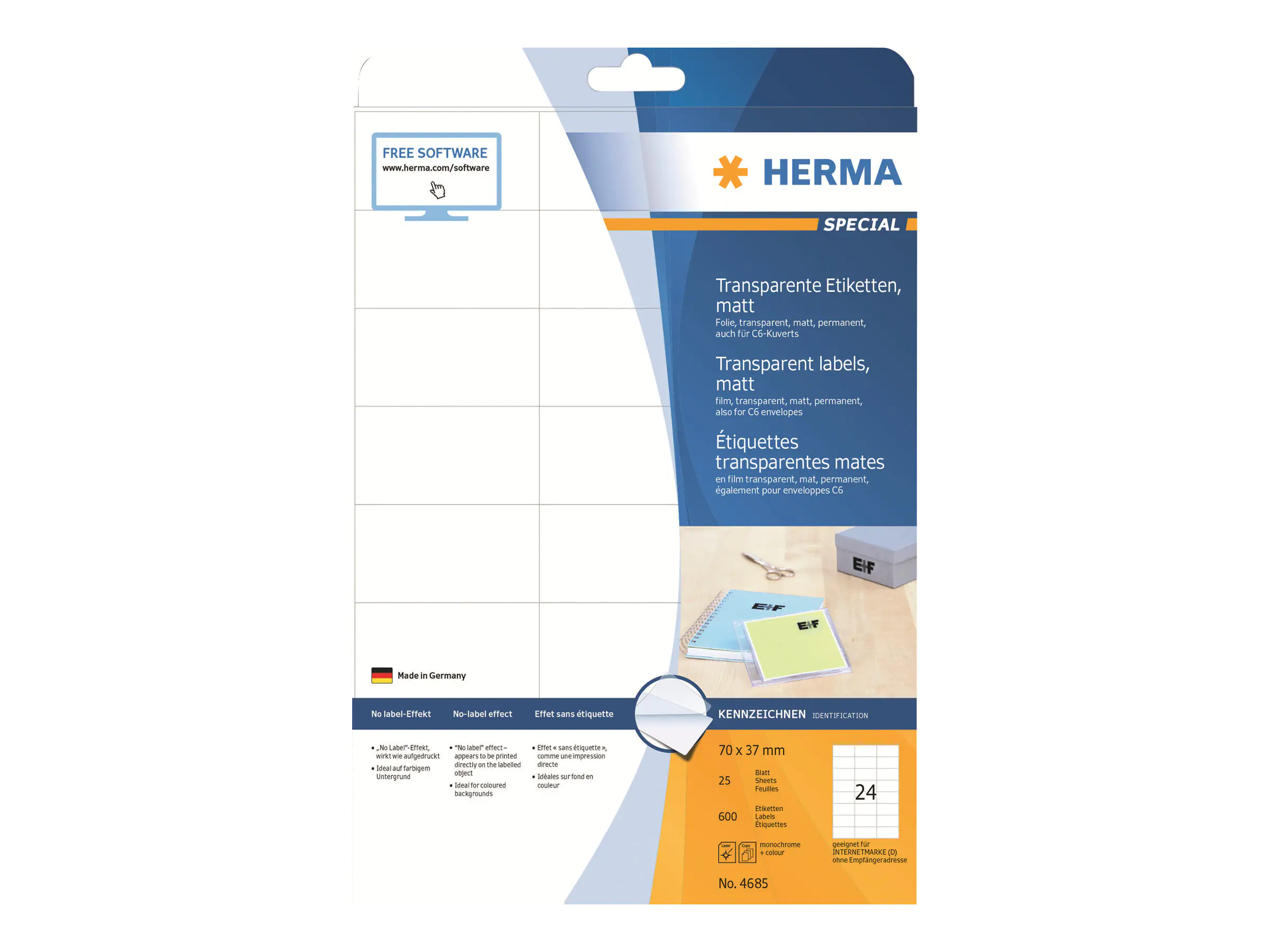 HERMA Etikett 4685 70x37mm Folie transparent 600 St./Pack.