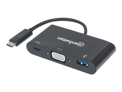 Manhattan USB-C 3-Port Hub/Dock, USB-C to USB-A, USB-C and VGA, 5 Gbps (USB 3.2 Gen1 aka USB 3.0), 1080p@60Hz, Power Delivery to USB-C Port (60W), Cable 8cm, Black, Lifetime Warranty, Blister - Dockingstation - USB-C 3.1 - VGA
