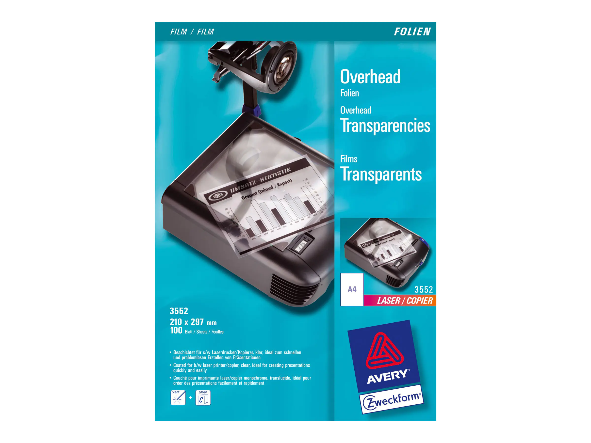 Avery Zweckform Laserfolie 3552 210x297mm transparent 100 St./Pack.