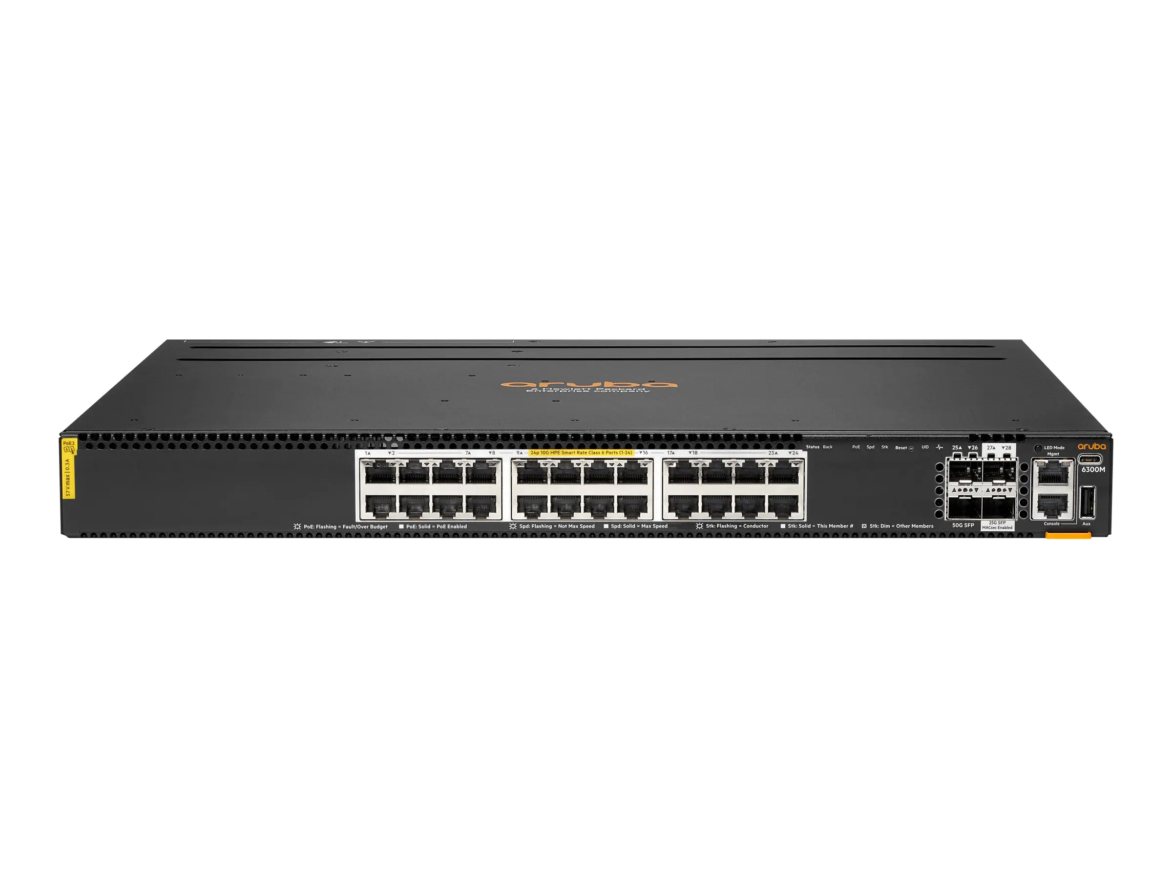 HPE Aruba Networking CX 6300M 24p Smart Rate 1G/2.5G/5G/10G Class6 PoE 2p 50G 2p 25G Switch - Switch - L3 - managed - 24 x 100/1000/2.5G/5G/10GBase-T (4PPoE) + 2 x 10 Gigabit / 25 Gigabit / 50 Gigabit SFP56 (uplink / stacking) + 2 x 10 Gigabit / 25 Gigabi