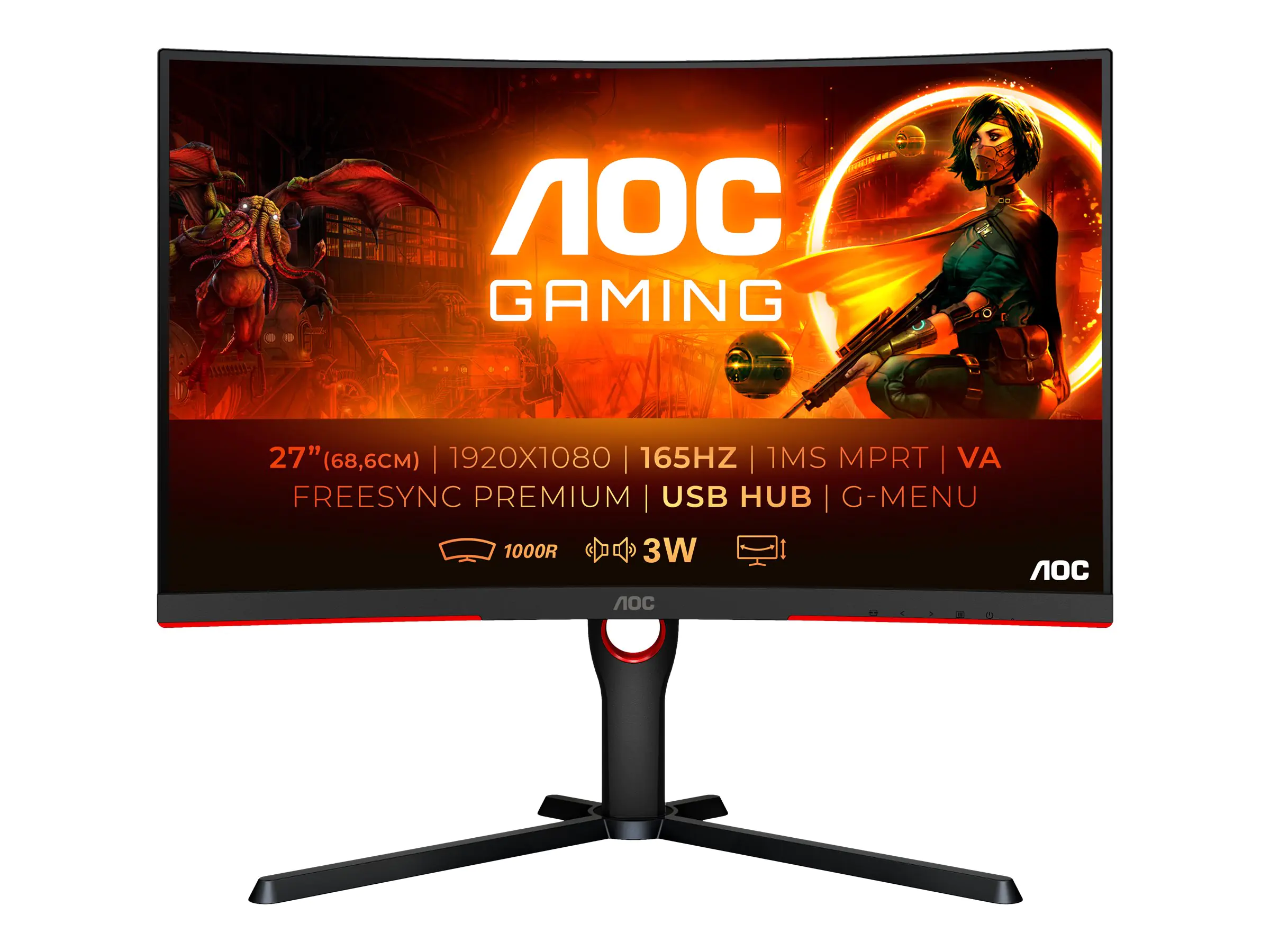 AOC Gaming C27G3U/BK - LED-Monitor - Gaming - gebogen - 68.6 cm (27") - 1920 x 1080 Full HD (1080p) @ 165 Hz - VA - 250 cd/m² - 1 ms - 2xHDMI, DisplayPort - Lautsprecher - Rot, Black Texture