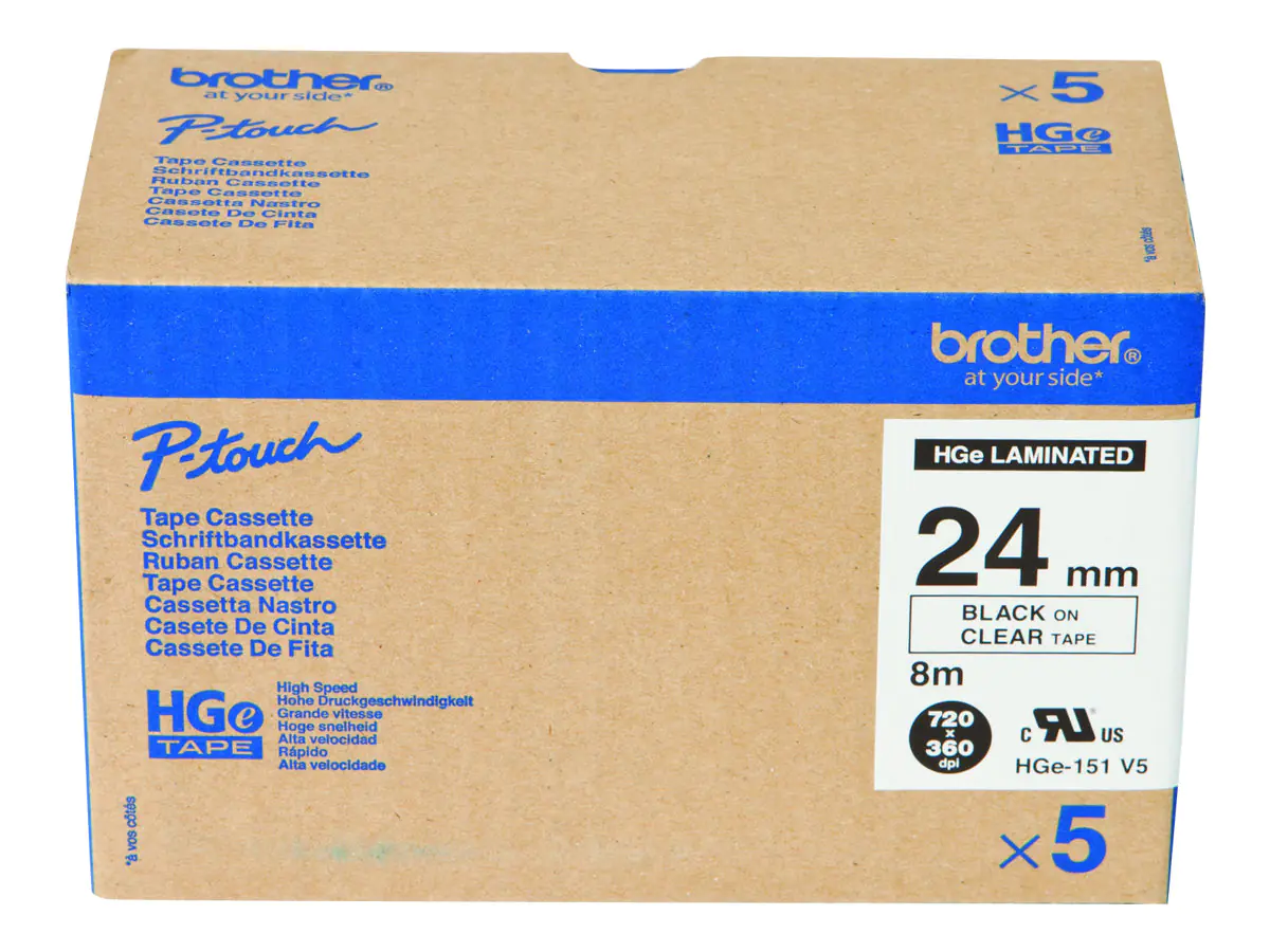 Brother HGE-151V5 - Schwarz auf durchsichtig - Rolle (2,4 cm x 8 m) 5 Kassette(n) laminiertes Band - für P-Touch PT-9500pc, PT-9700PC, PT-9800PCN