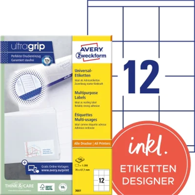 Avery Zweckform Universaletikett 3661 70x67,7mm weiß 1200 St./Pack. Avery Zweckform Universaletikett 3661 70x67,7mm weiß 1200 St./Pack.