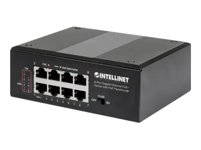 Intellinet PoE-Powered 8-Port Gigabit Ethernet PoE+ Industrial Switch with PoE Passthrough - Switch - unmanaged - 8 x 10/100/1000 (PoE+) - an DIN-Schiene montierbar - PoE Passthrough / PoE+ (120 W) - AC 120/230 V / DC 48 - 57 V