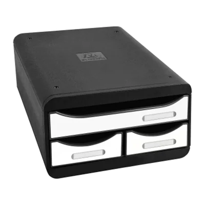 Exacompta Schubladenbox SMALL-BOX Mini 3 Schubladen DIN A4, Überbreite Polystyrol Gehäusefarbe: schwarz Farbe der Schublade: weiß glossy Exacompta Schubladenbox SMALL-BOX Mini 3 Schubladen DIN A4, Überbreite Polystyrol Gehäusefarbe: schwarz Farbe der Schublade: weiß glossy