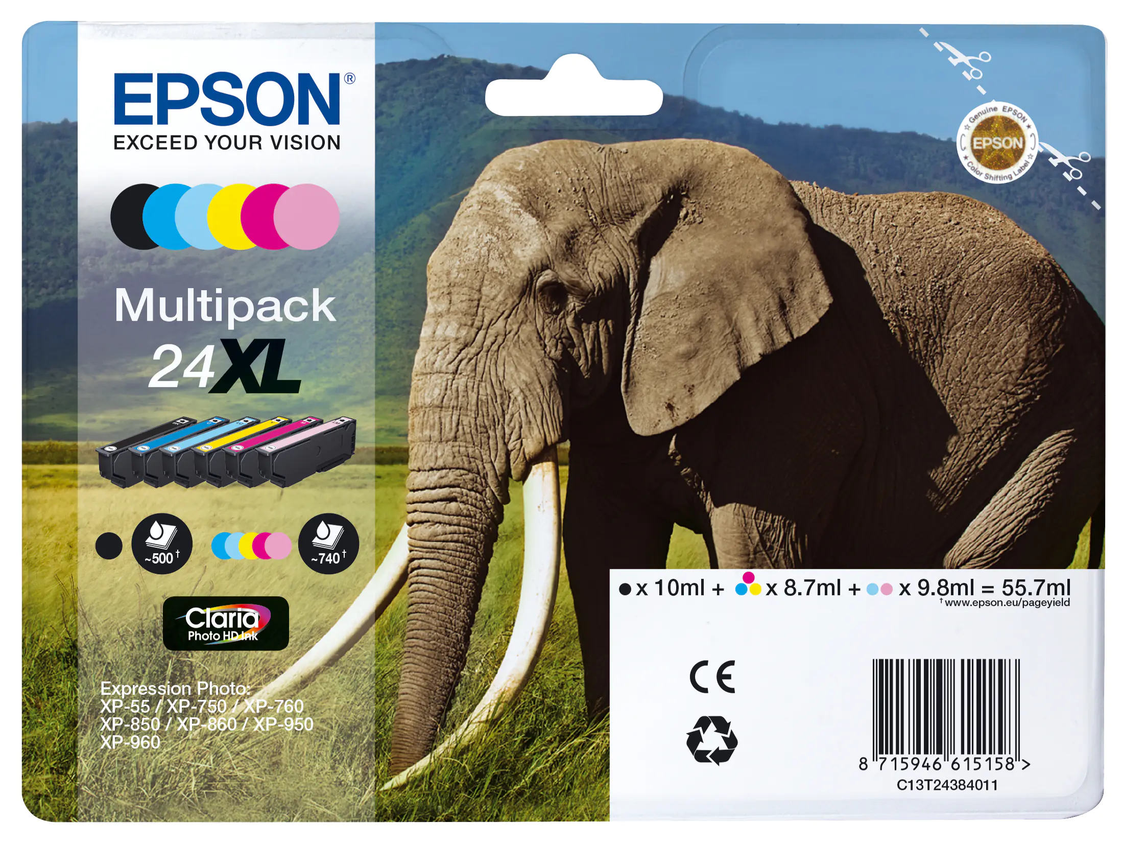 Epson 24XL Multipack - 6er-Pack - 55.7 ml - XL - Schwarz, Gelb, Cyan, Magenta, hellmagentafarben, hell Cyan - Original - Blisterverpackung - Tintenpatrone - für Expression Photo XP-55, 750, 760, 850, 860, 950, 960, 970; Expression Premium XP-750, 850