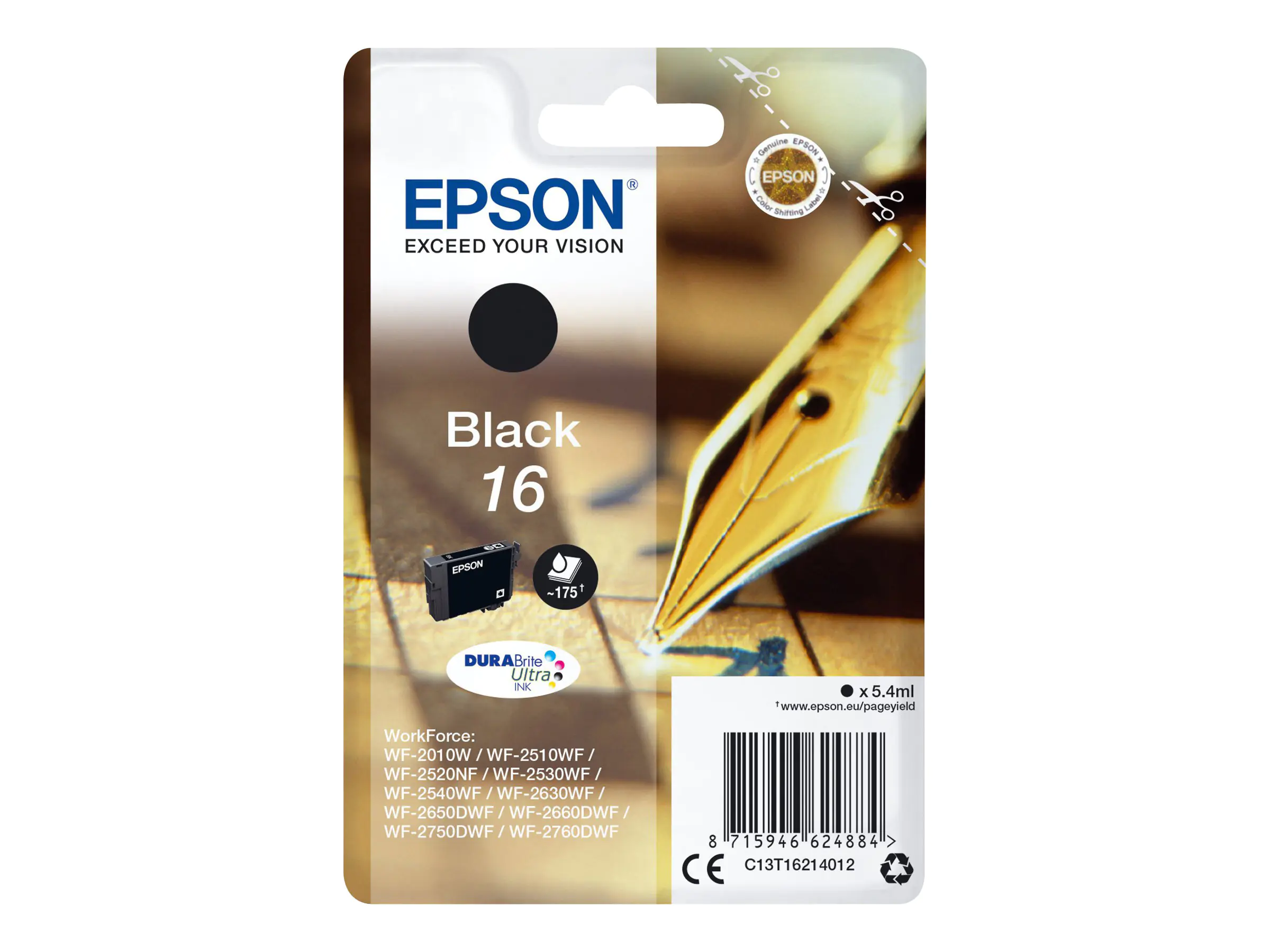 Epson 16 - 5.4 ml - Schwarz - Original - Blisterverpackung - Tintenpatrone - für WorkForce WF-2010, 2510, 2520, 2530, 2540, 2630, 2650, 2660, 2750, 2760