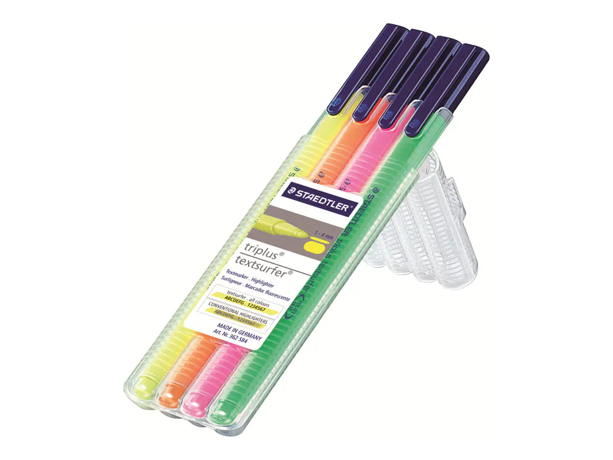 STAEDTLER triplus textsurfer - Textmarker - Neongrün, Neongelb, Neonorange, Neon Pink - Wasserbasierte Pigmenttinte - 1-4 mm - fein-breit (Packung mit 4) 362 SB4